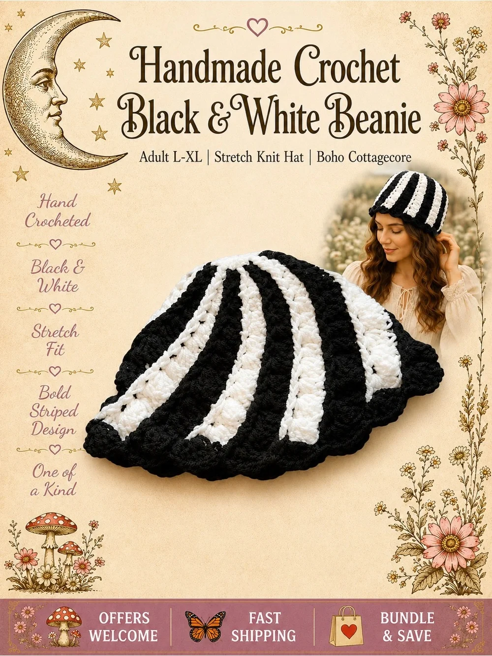Handmade Black & White Crochet Beanie Adult XL Stretch Knit Hat Boho Cottagecore